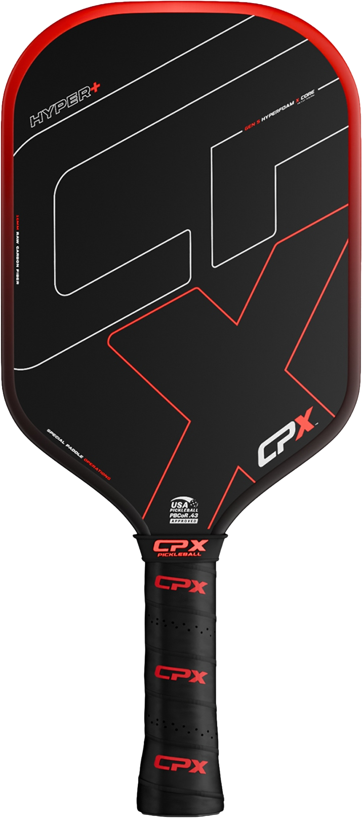 CPX HYPER+ Pickleball Paddle — black paddle with red edge guard, HYPER text, CPX branding, USA Pickleball Approved